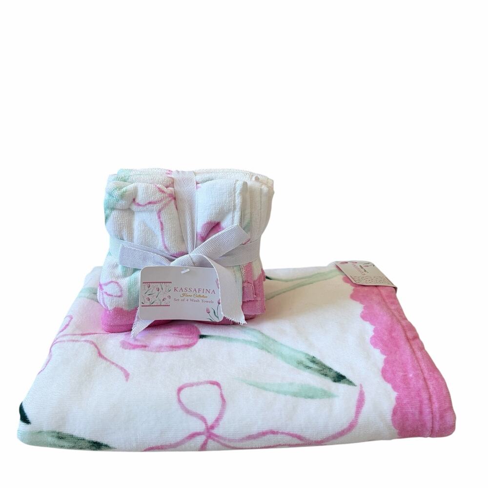 5pc KASSAFINA Towel Set - 4 Wash 1 Bath Towel 100% Cotton Pink Tulip Bow NEW